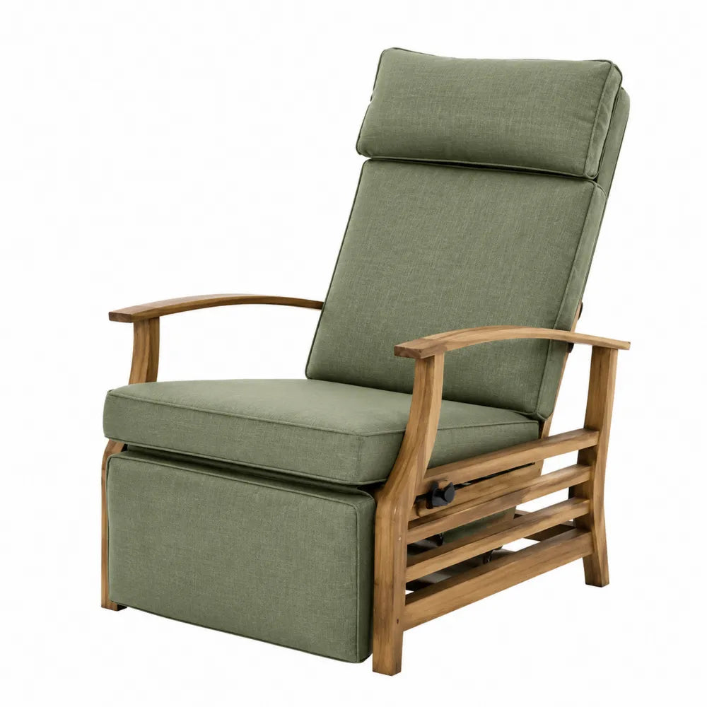 Fauteuil relax de jardin inclinable en acacia massif avec coussins polyester vert sauge et repose-pieds 75 x 95 x 112 cm