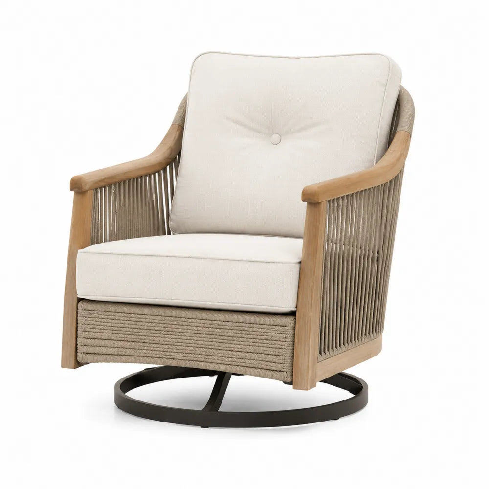 Fauteuil de jardin pivotant 76 x 82 x 88 cm en acacia massif cordage polypropylène beige base acier noir coussins écru