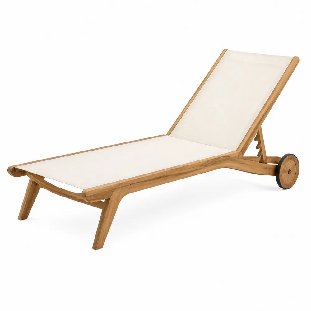 Bain de soleil de jardin inclinable avec roues en acacia massif et toile textilène beige avec appuie-tête 200 x 72 x 95 cm