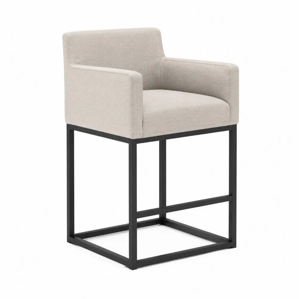 Tabouret de bar avec accoudoirs en tissu beige et structure en acier noir 55 x 55 x 88 cm