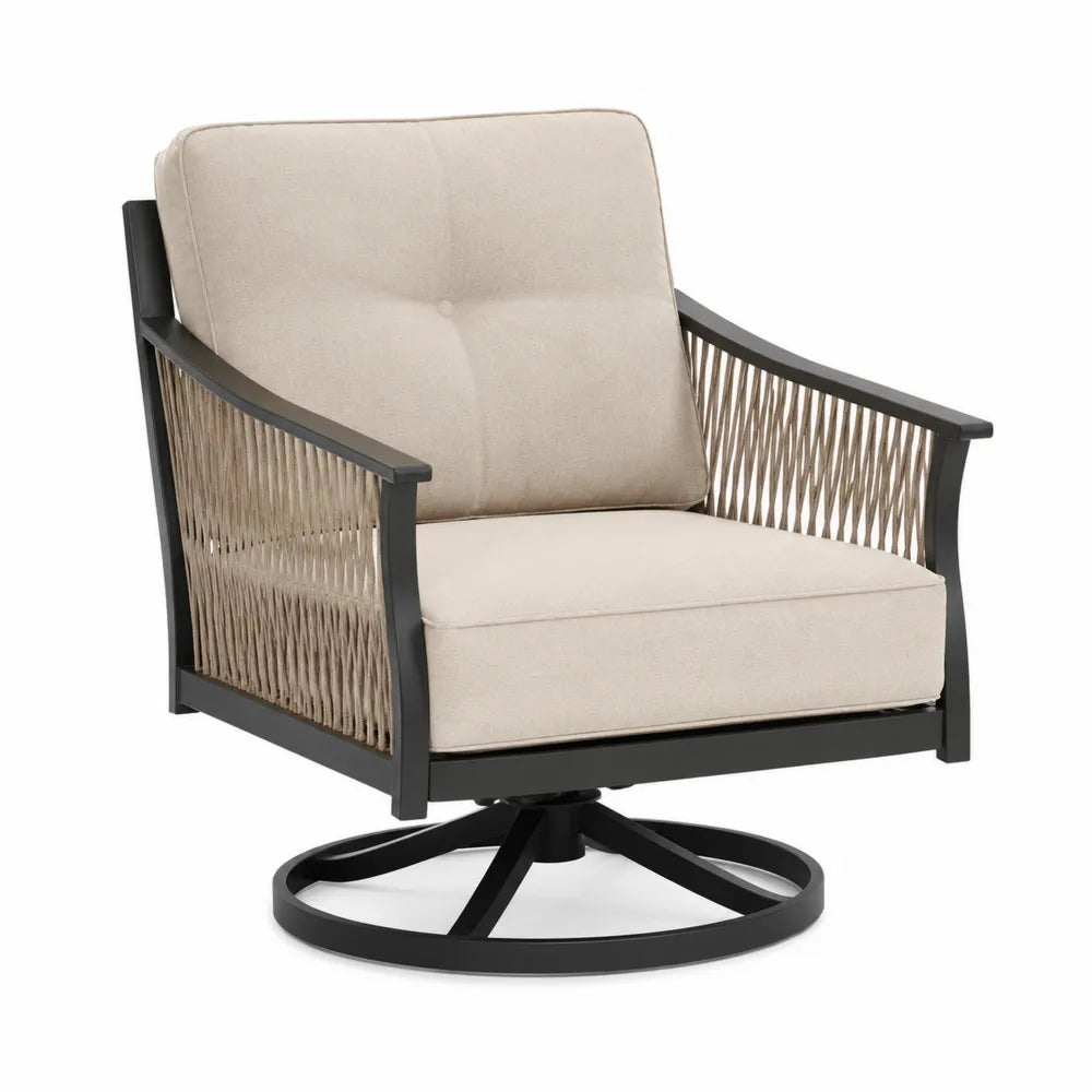Fauteuil de jardin pivotant 360° en aluminium noir cordage PP beige coussins polyester écru base ronde 78 x 84 x 88 cm