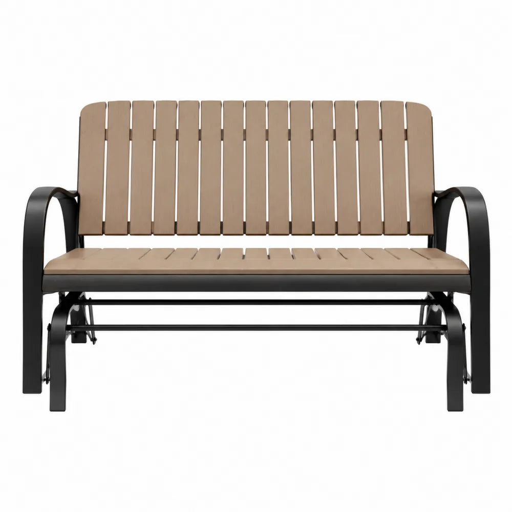 Banc à bascule de jardin 2 places 120 x 70 x 90 cm en acier noir et lattes polyéthylène bois brun