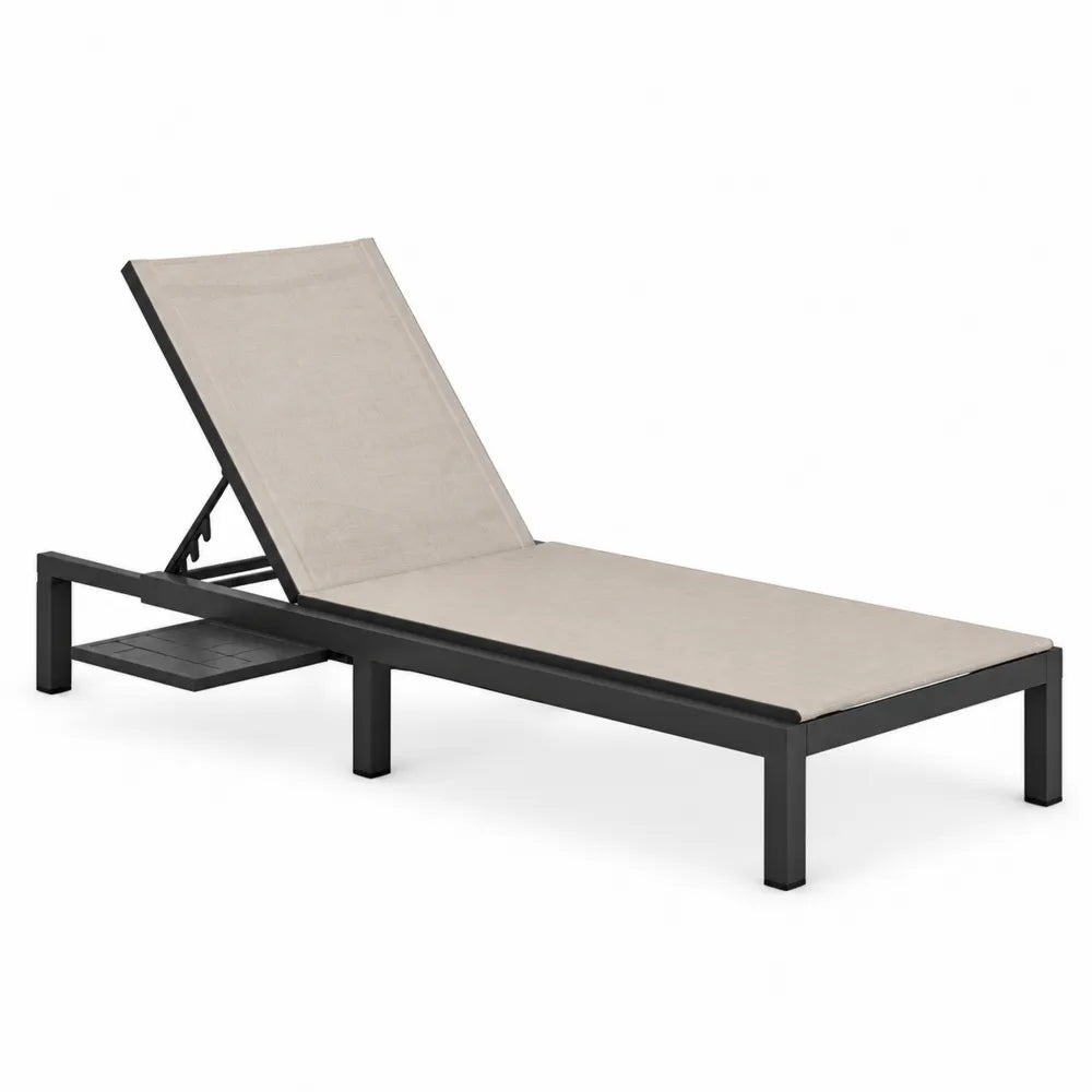 Chaise longue d’extérieur réglable avec tablette latérale en aluminium noir toile polyester enduite PVC beige taupe 200 x 70 x 96 cm