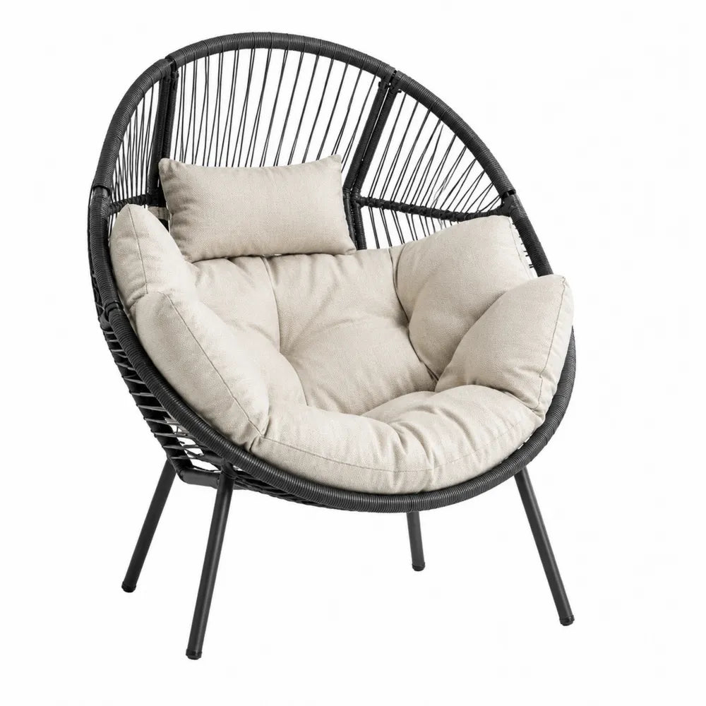 Fauteuil de jardin rond 1 place 92 cm x 88 cm x 90 cm en acier thermolaqué corde PE noir coussins polyester beige