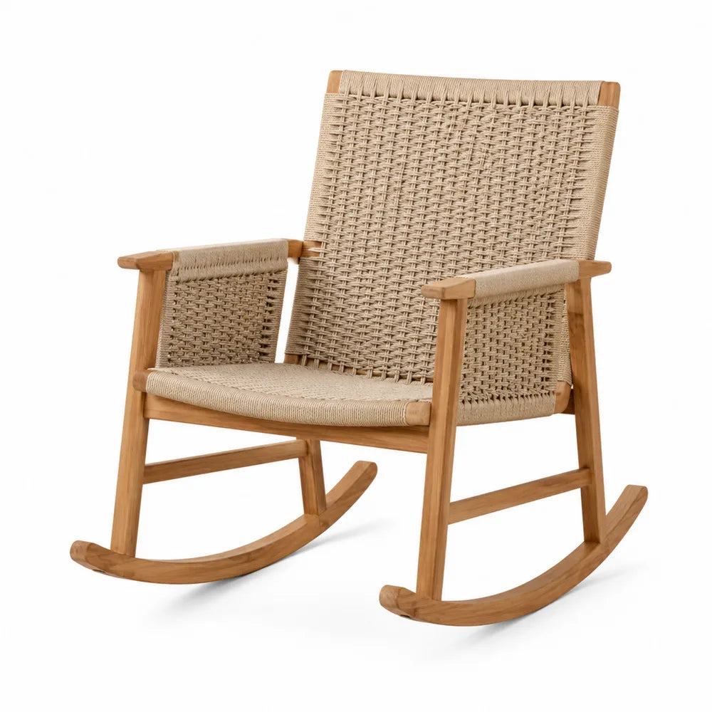 Fauteuil à bascule de jardin avec accoudoirs 70 cm x 92 cm x 98 cm en bois massif d’acacia corde polyester tressée beige naturel