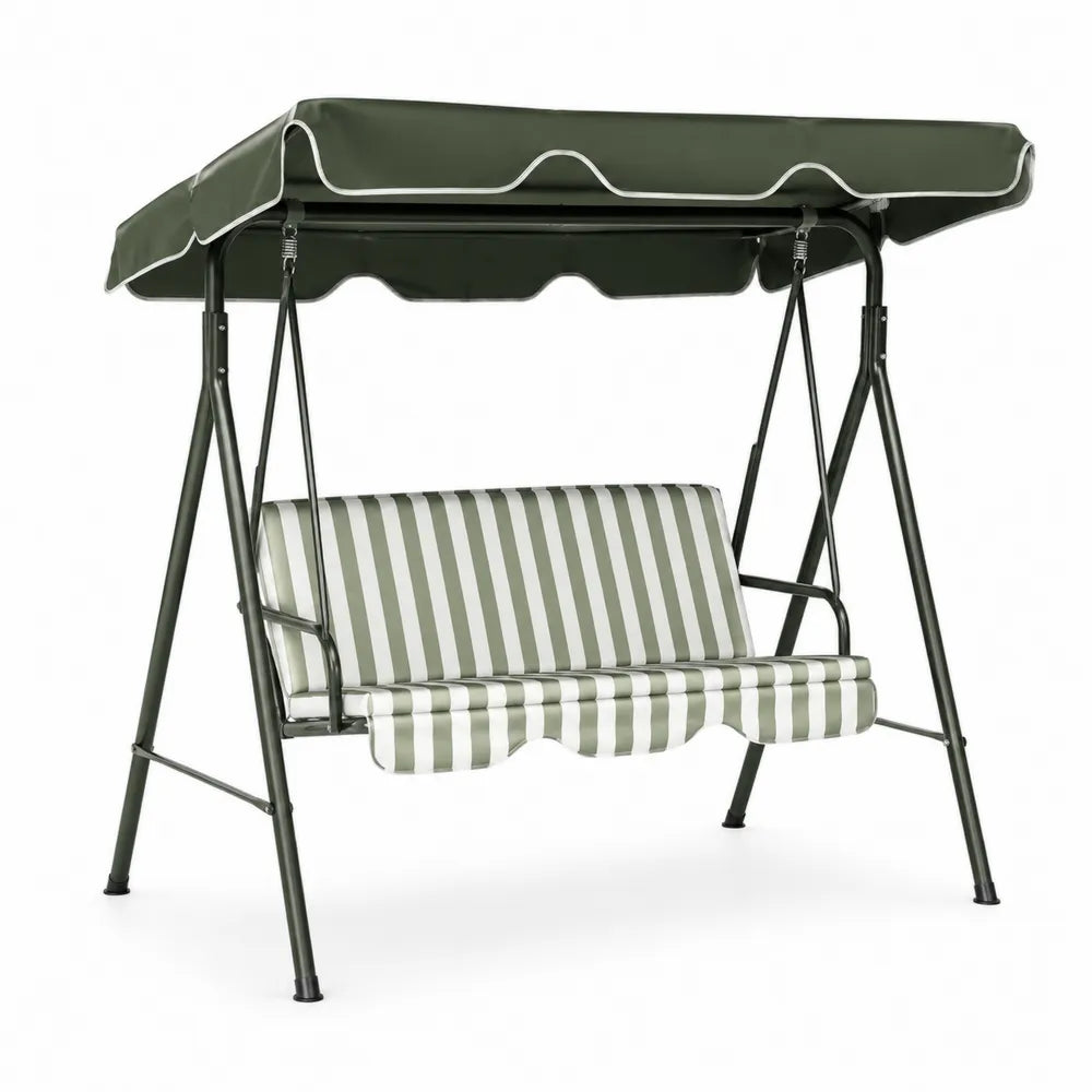 Balancelle de jardin 3 places 170 cm x 110 cm x 153 cm en acier thermolaqué vert foncé coussins polyester rayé vert blanc toit polyester vert
