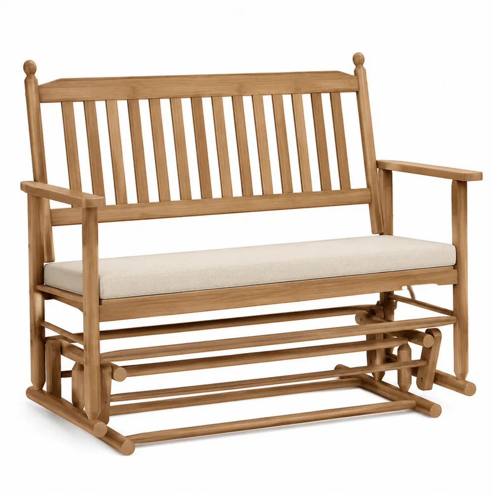 Banc de jardin à bascule 2 places 130 cm x 74 cm x 100 cm en bois d’acacia coussin polyester beige structure marron naturel