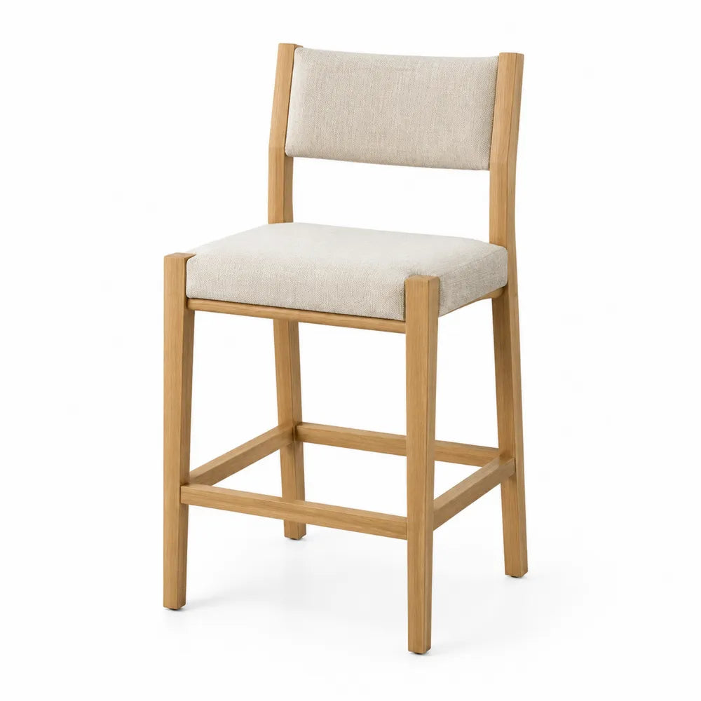 Tabouret de bar 48 x 52 x 104 cm en bois massif hévéa naturel avec dossier rembourré et assise en polyester beige