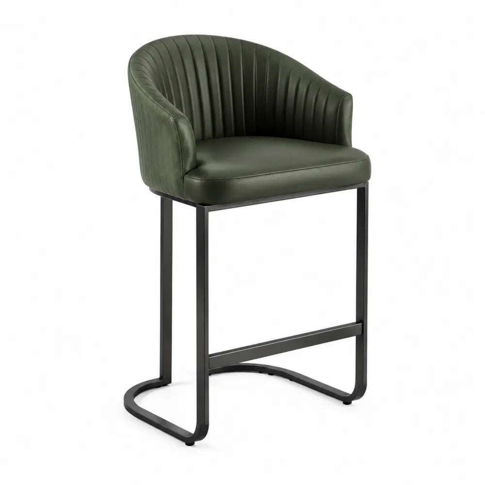 Tabouret de bar avec dossier et accoudoirs 53 x 55 x 102 cm revêtement PU vert olive piètement acier noir