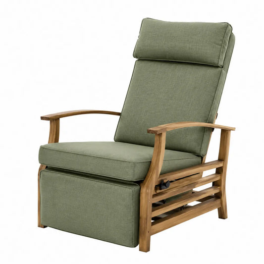 Fauteuil relax de jardin inclinable en acacia massif avec coussins polyester vert sauge et repose-pieds 75 x 95 x 112 cm
