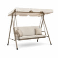 Balancelle de jardin 3 places 195 x 120 x 172 cm en acier thermolaqué taupe avec coussins écru et toit polyester