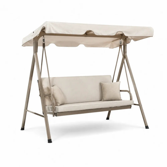 Balancelle de jardin 3 places 195 x 120 x 172 cm en acier thermolaqué taupe avec coussins écru et toit polyester
