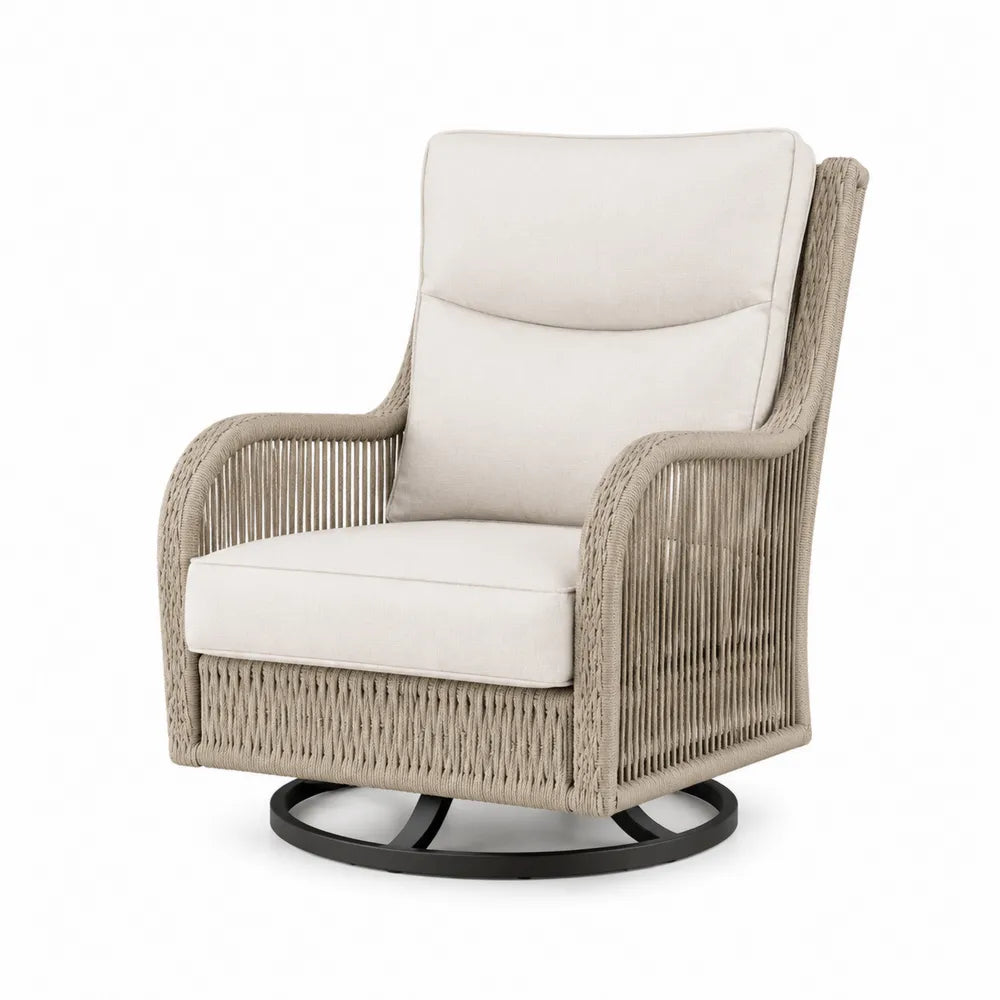 Fauteuil d’extérieur pivotant en corde polyester avec structure aluminium et base acier noir 78 x 85 x 98 cm beige écru noir