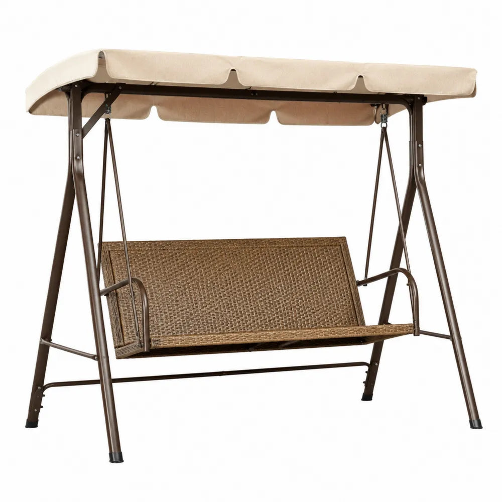 Balancelle de jardin 3 places en acier brun foncé avec assise en résine PE tressée et toit polyester écru 190 x 118 x 170 cm
