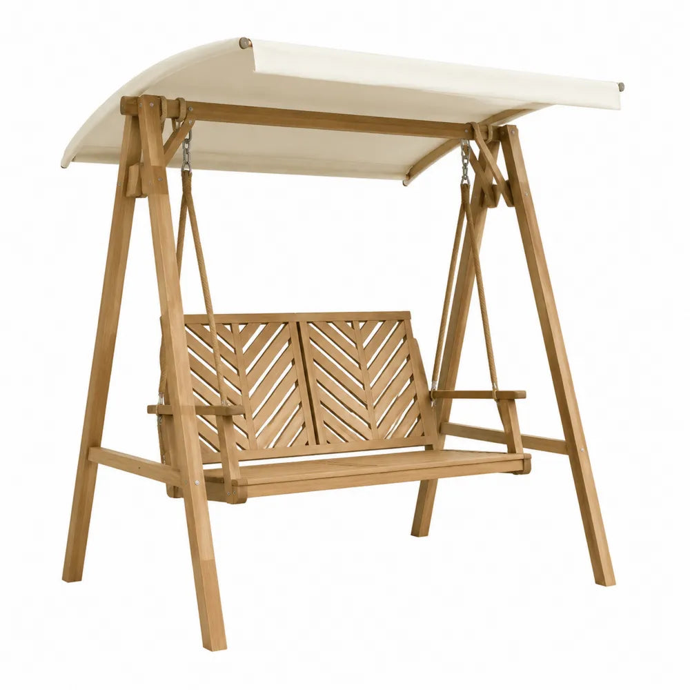 Balancelle de jardin 2 places en acacia massif avec auvent polyester écru et dossier chevrons 185 x 125 x 180 cm