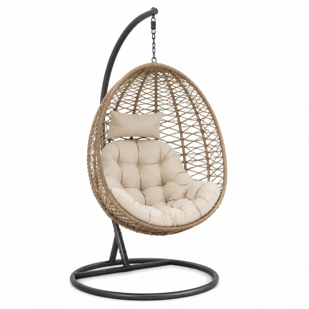 Fauteuil suspendu œuf 1 place avec support 105 x 105 x 196 cm en rotin synthétique PE beige acier noir coussins écru