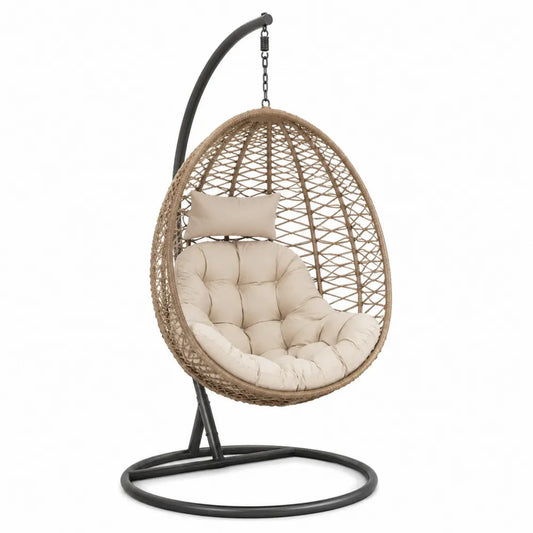Fauteuil suspendu œuf 1 place avec support 105 x 105 x 196 cm en rotin synthétique PE beige acier noir coussins écru