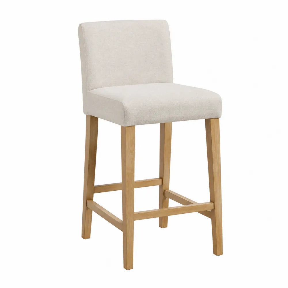 Tabouret de bar à dossier rembourré avec assise rectangulaire en polyester beige et hévéa massif naturel 50 x 56 x 105 cm