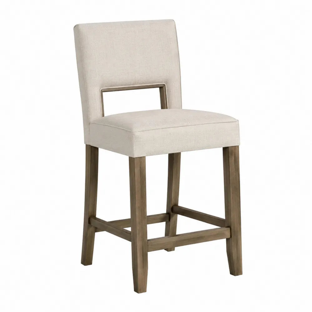 Tabouret de bar avec dossier ouvert en hévéa massif bois naturel assise polyester beige 48 x 55 x 108 cm