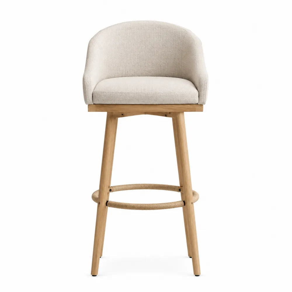 Tabouret de bar avec dossier et accoudoirs 55 x 54 x 98 cm tissu bouclé écru cadre hévéa massif naturel