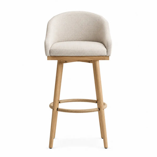 Tabouret de bar avec dossier et accoudoirs 55 x 54 x 98 cm tissu bouclé écru cadre hévéa massif naturel
