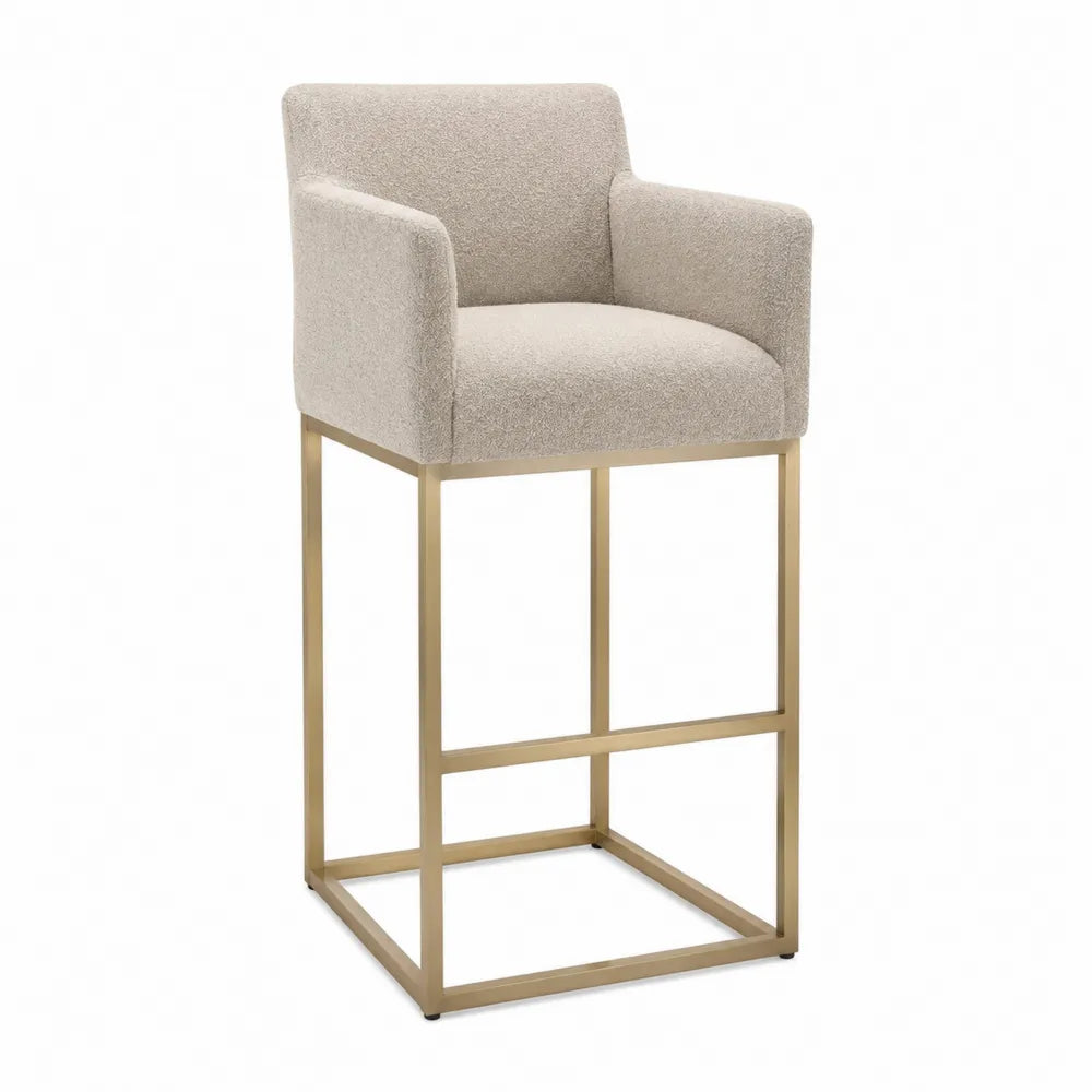 Tabouret de bar avec accoudoirs 55 x 58 x 103 cm tissu bouclé beige structure acier doré