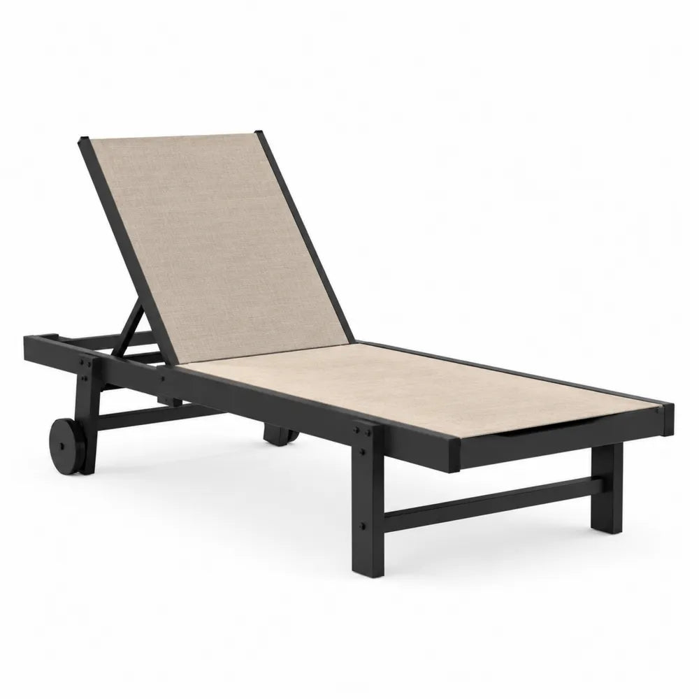 Bain de soleil de jardin inclinable à roues en aluminium noir et toile textilène beige 200 x 65 x 94 cm