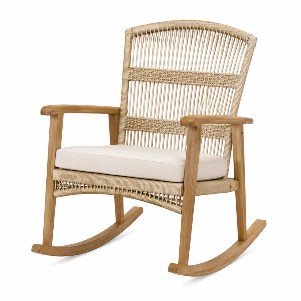 Fauteuil à bascule de jardin en acacia massif brun naturel cordage PP beige coussin polyester écru 72 x 88 x 101 cm