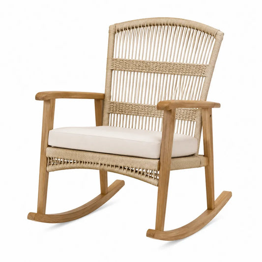 Fauteuil à bascule de jardin en acacia massif brun naturel cordage PP beige coussin polyester écru 72 x 88 x 101 cm
