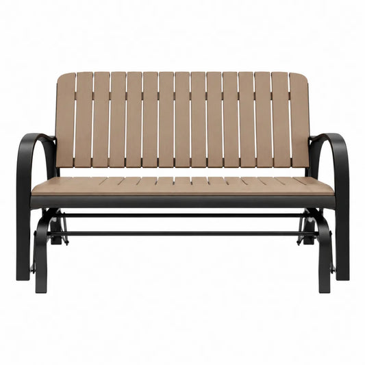 Banc à bascule de jardin 2 places 120 x 70 x 90 cm en acier noir et lattes polyéthylène bois brun