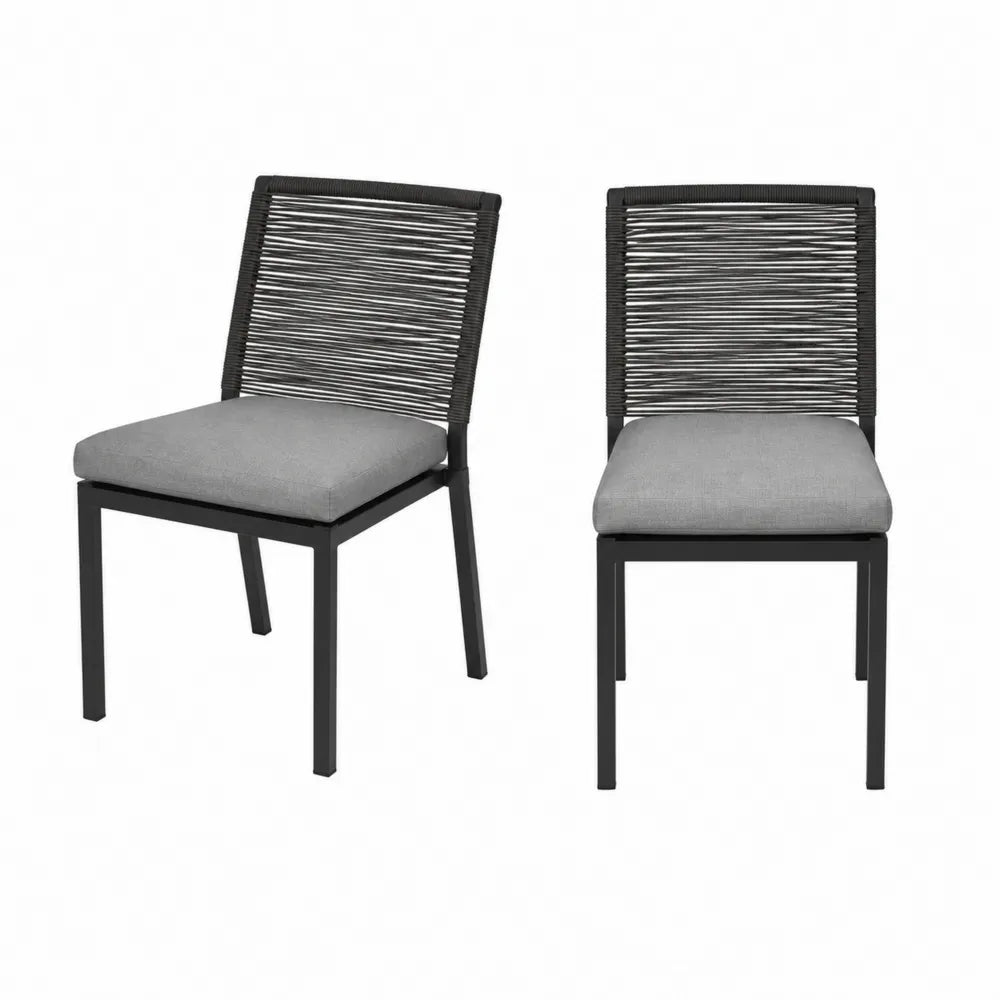 Lot de 2 chaises de jardin 48 x 58 x 84 cm en aluminium noir corde synthétique noire coussins gris