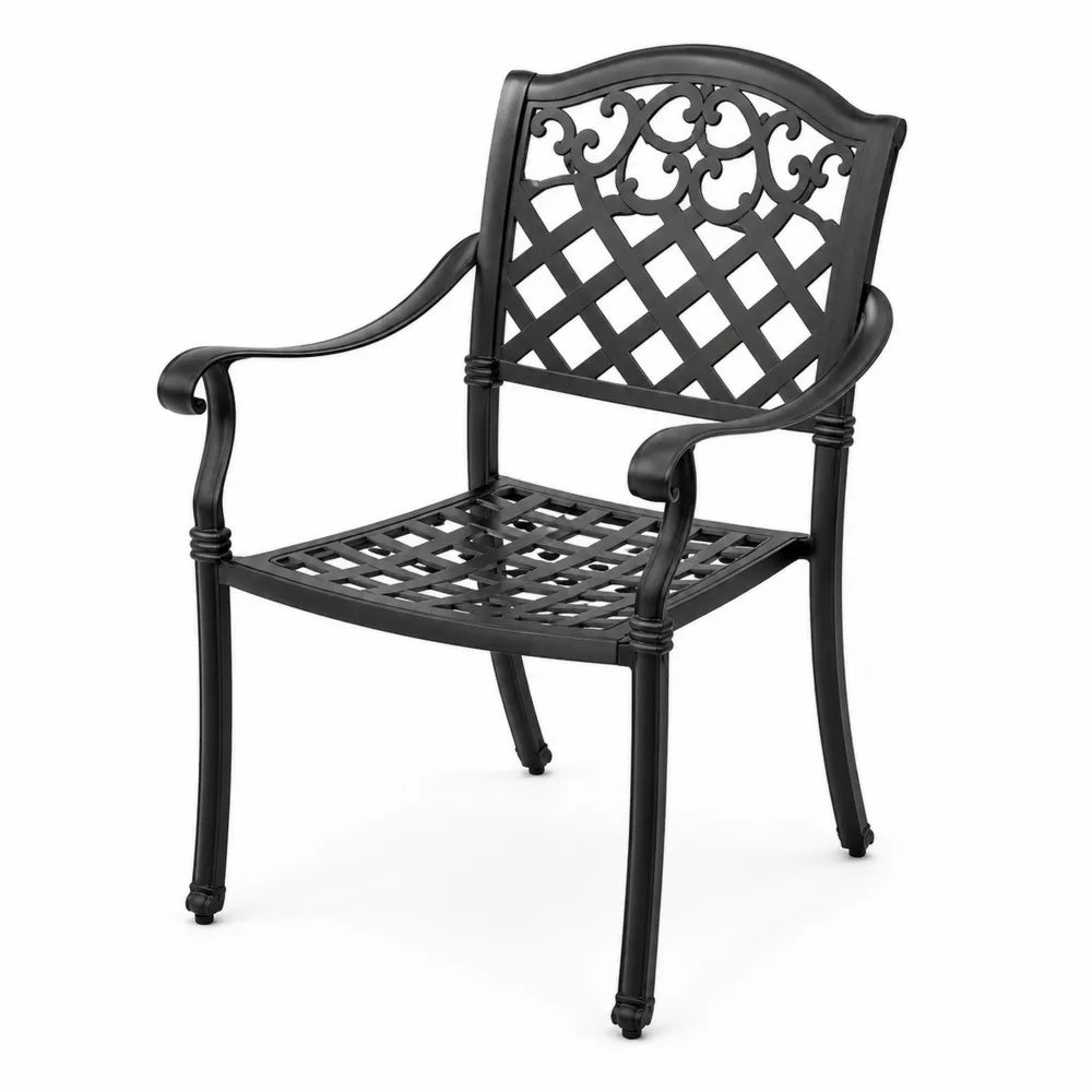 Fauteuil de jardin en aluminium moulé noir dossier ajouré et assise métallique