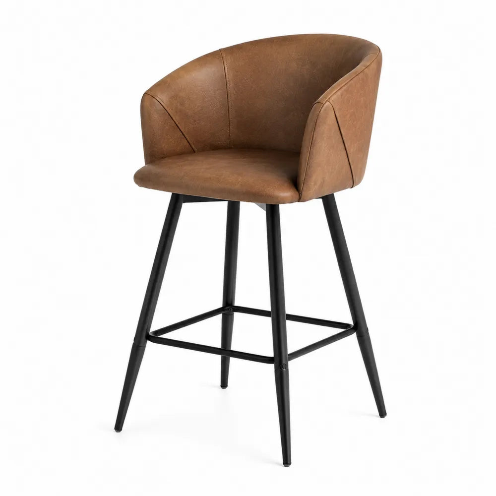 Tabouret de bar avec dossier en similicuir PU marron et acier noir 52 x 50 x 98 cm