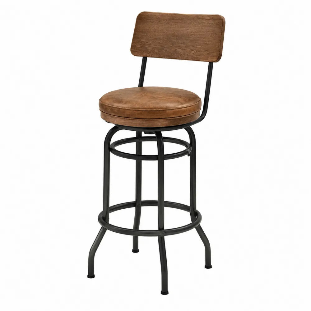 Tabouret de bar pivotant avec dossier 48 x 50 x 104 cm assise PU cognac dossier contreplaqué plaqué frêne et structure acier noir