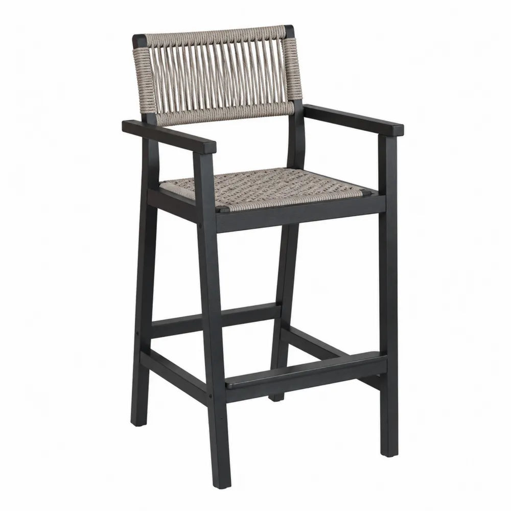 Chaise haute de jardin avec accoudoirs 56 cm x 57 cm x 106 cm en bois massif peint noir corde polyester tressée gris taupe rectangulaire