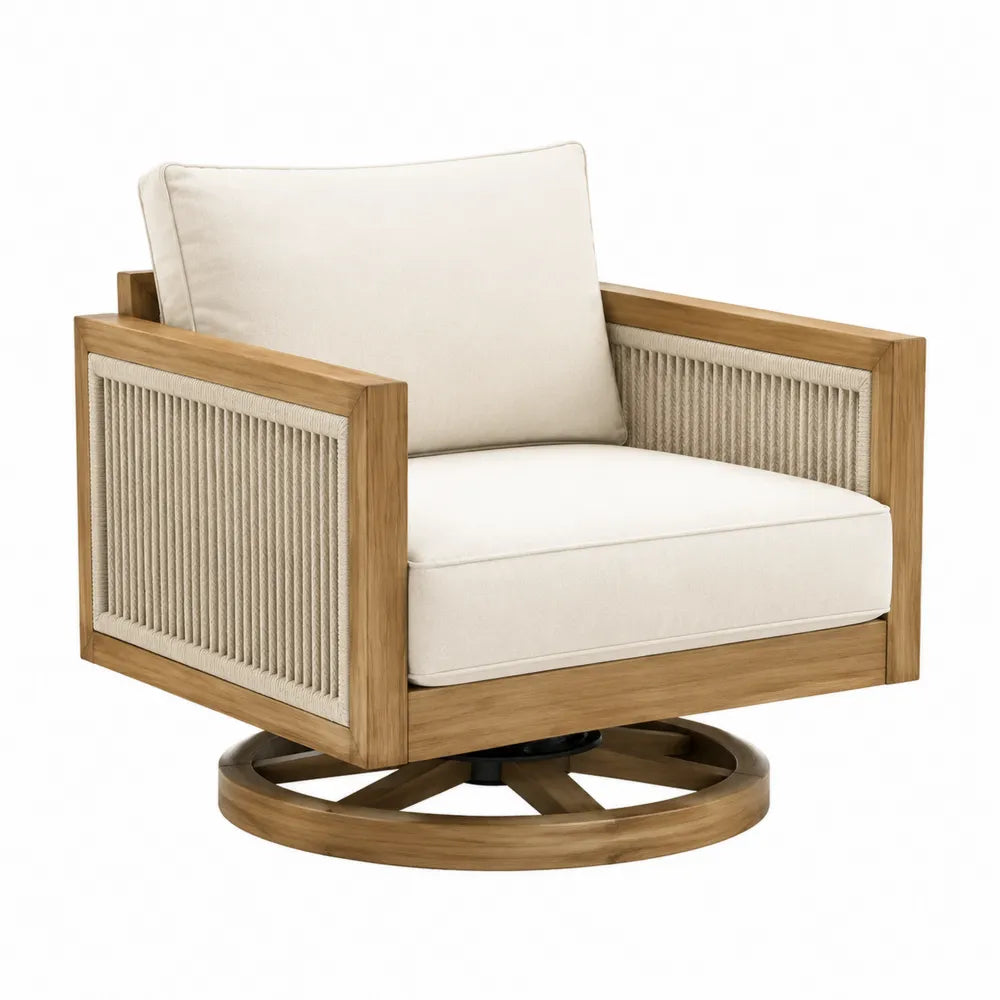 Fauteuil de jardin pivotant 360° en acacia massif marron miel corde PP beige naturel coussins écru base ronde 86 x 84 x 82 cm