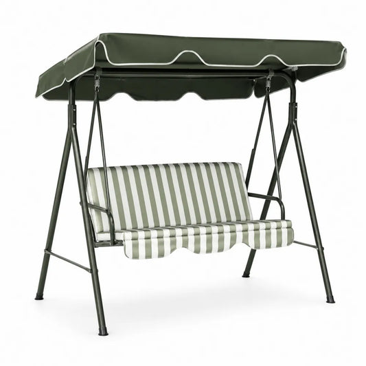 Balancelle de jardin 3 places 170 cm x 110 cm x 153 cm en acier thermolaqué vert foncé coussins polyester rayé vert blanc toit polyester vert